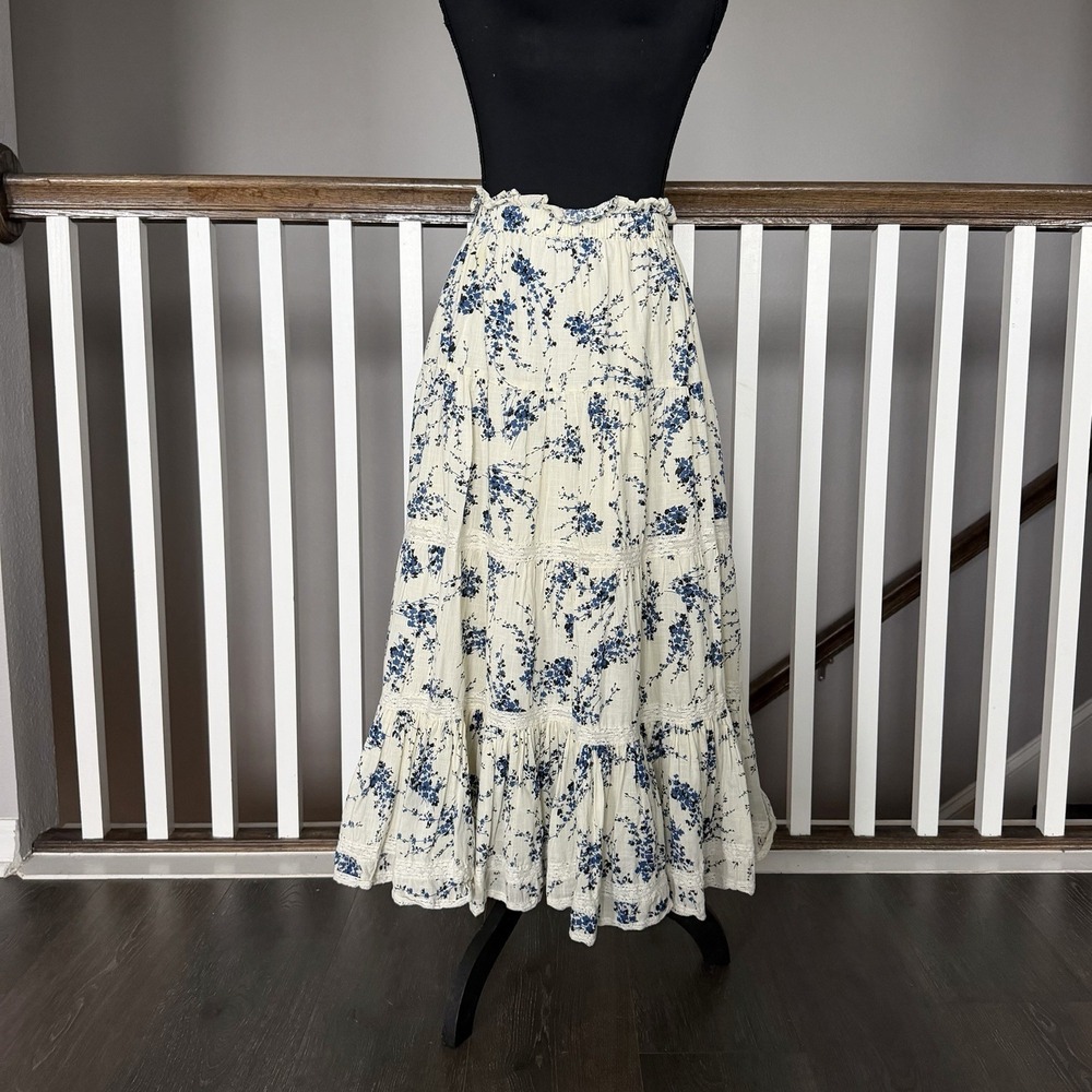 The Great Tiered Lace Inset Flounce Floral Midi Skirt 0 XS Blue Jasmine Cottage